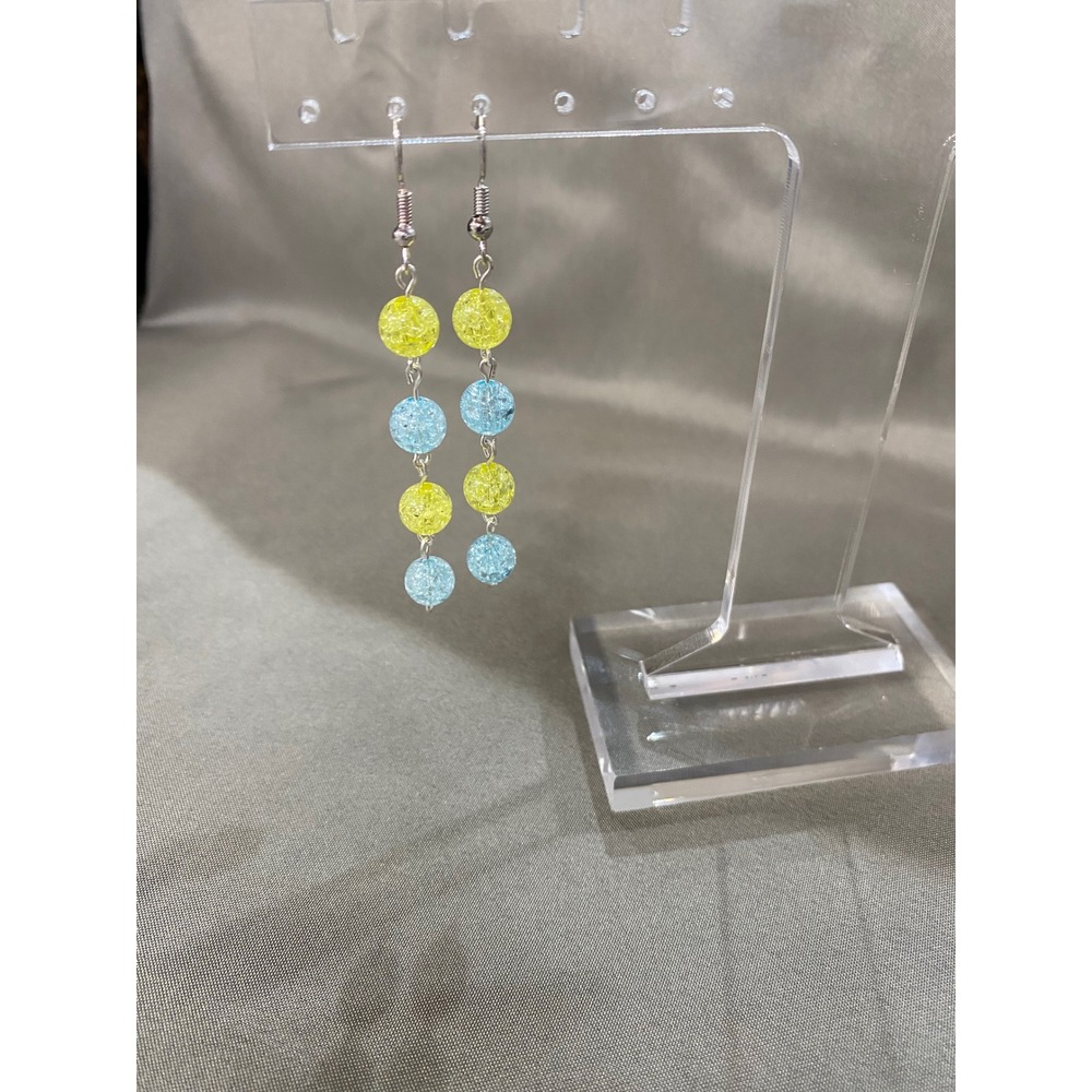 Handmade Women's Blue and‎ Yellow Crackle Glass Bead Long Earrings